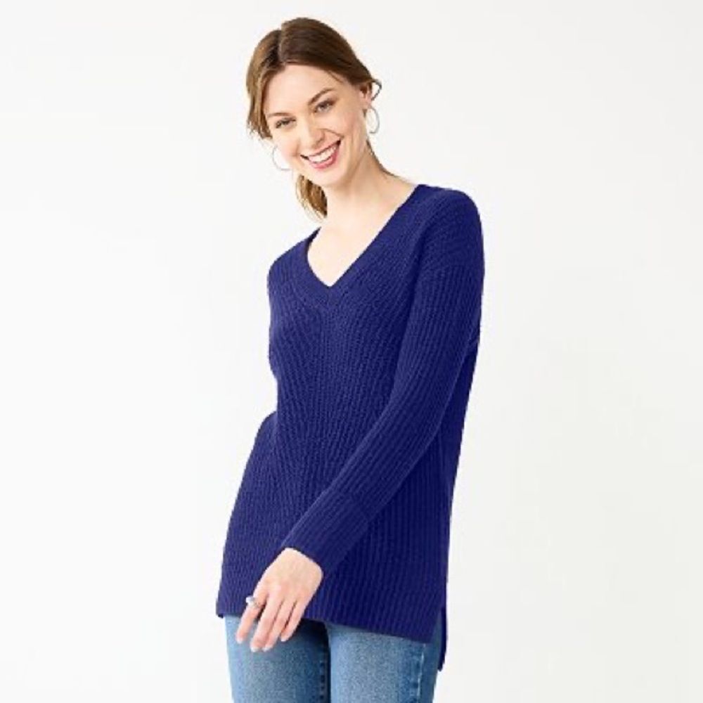Nine West Blue V Nech Stitch Front Sweater Size XS